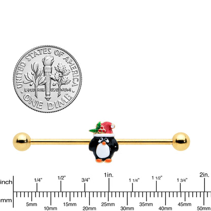 14G Gold Tone Holly Hat Penguin Holiday Industrial Barbell 38mm