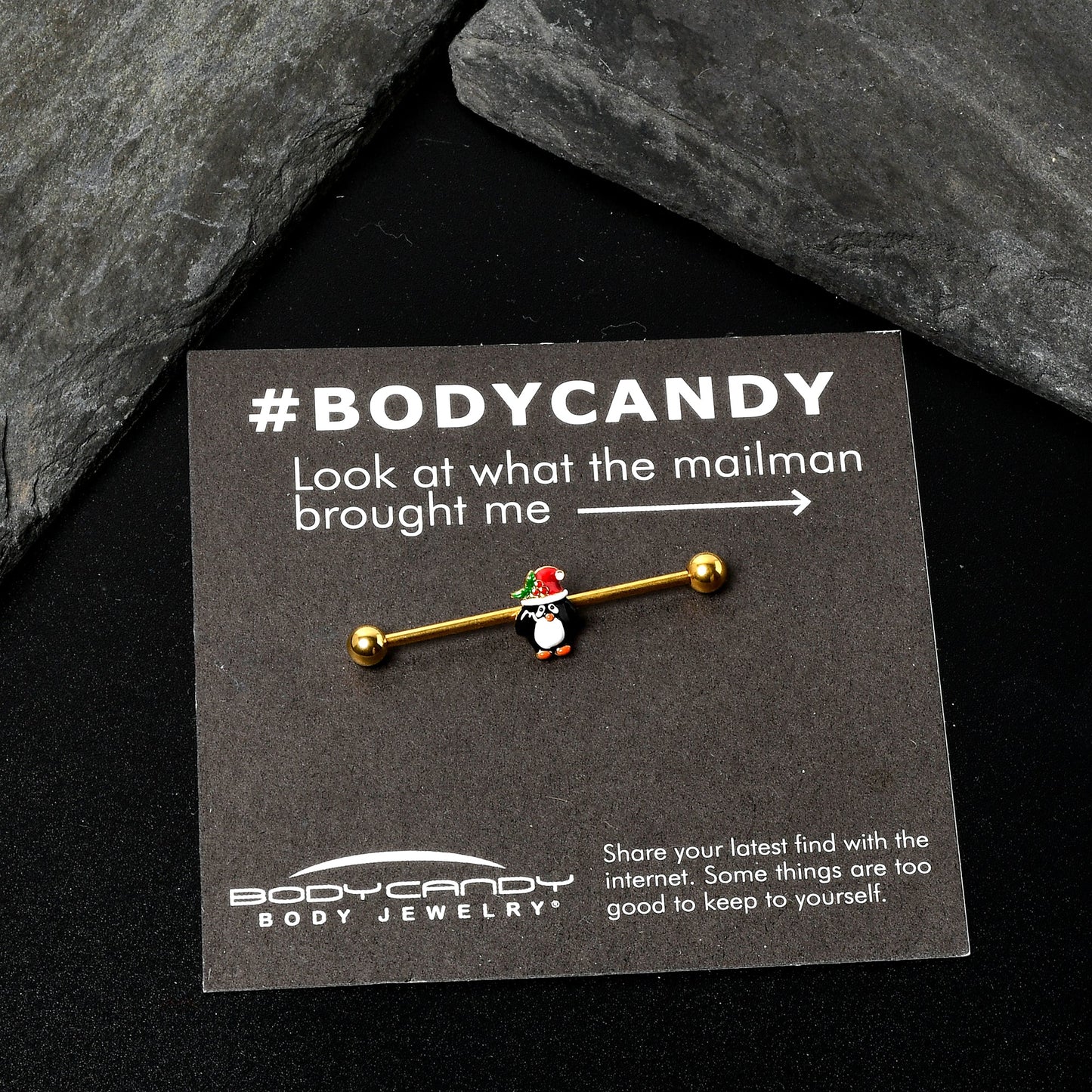 14G Gold Tone Holly Hat Penguin Holiday Industrial Barbell 38mm