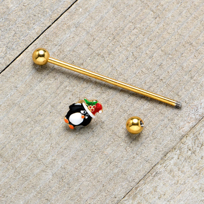 14G Gold Tone Holly Hat Penguin Holiday Industrial Barbell 38mm