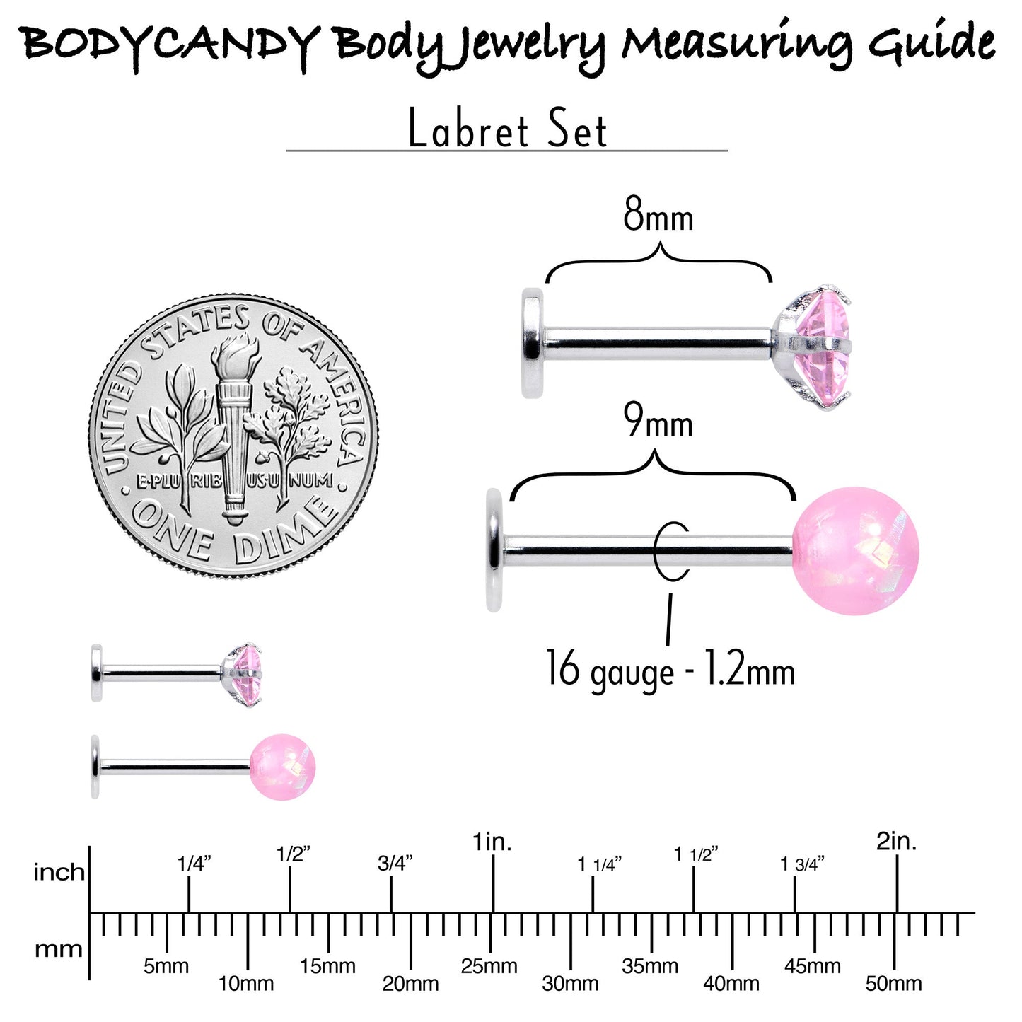 16G 5/16 3/8 Pink Gem Faux Opal Labret Monroe Tragus Set of 4