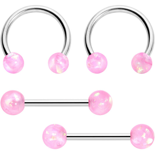 14G 3/8 9/16 Pink Faux Opal Horseshoe Barbell Nipple Ring Set of 4