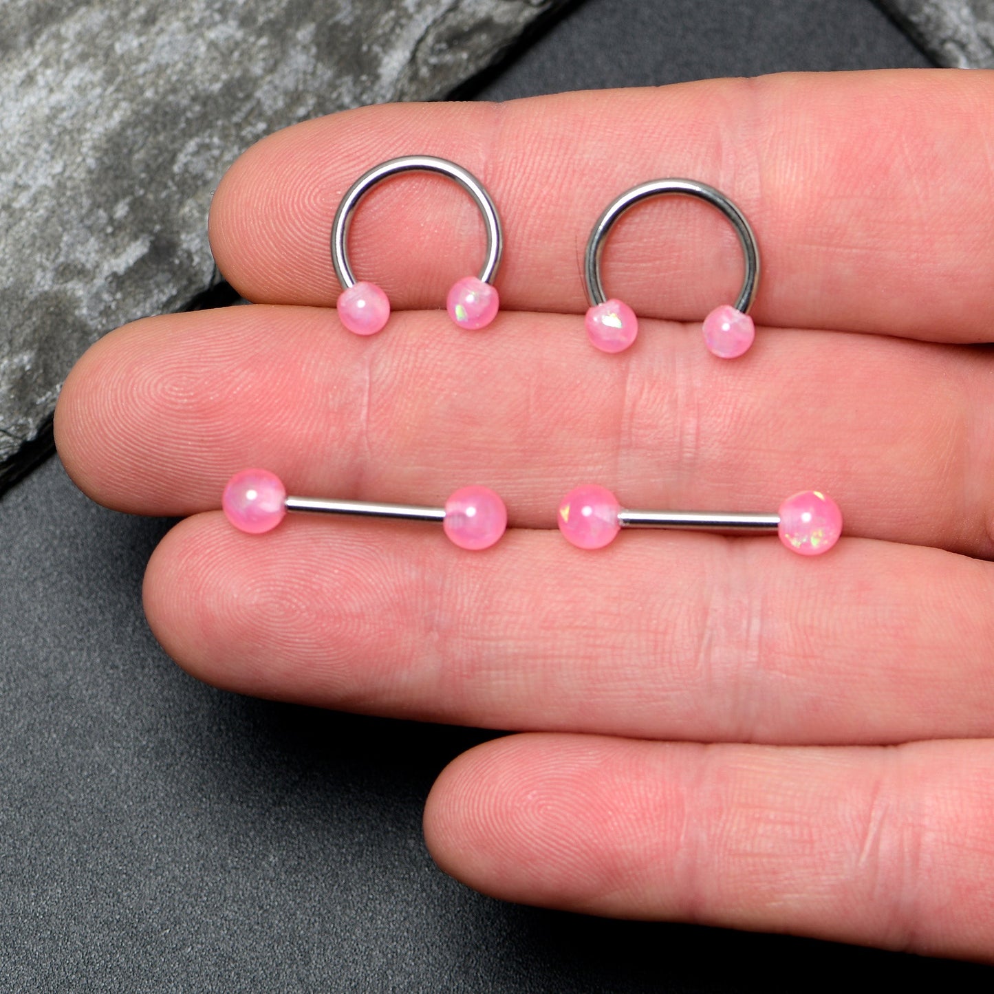 14G 3/8 9/16 Pink Faux Opal Horseshoe Barbell Nipple Ring Set of 4