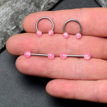 14G 3/8 9/16 Pink Faux Opal Horseshoe Barbell Nipple Ring Set of 4