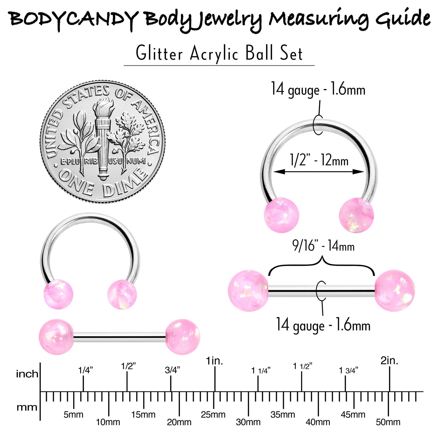 14G 3/8 9/16 Pink Faux Opal Horseshoe Barbell Nipple Ring Set of 4