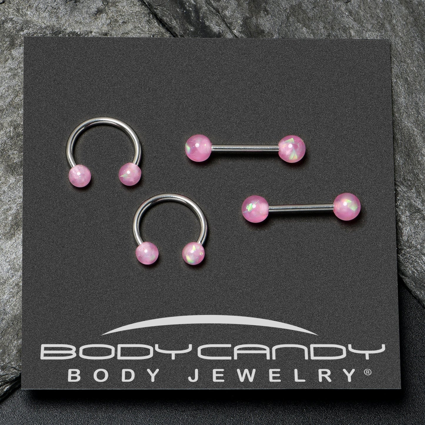 14G 3/8 9/16 Pink Faux Opal Horseshoe Barbell Nipple Ring Set of 4