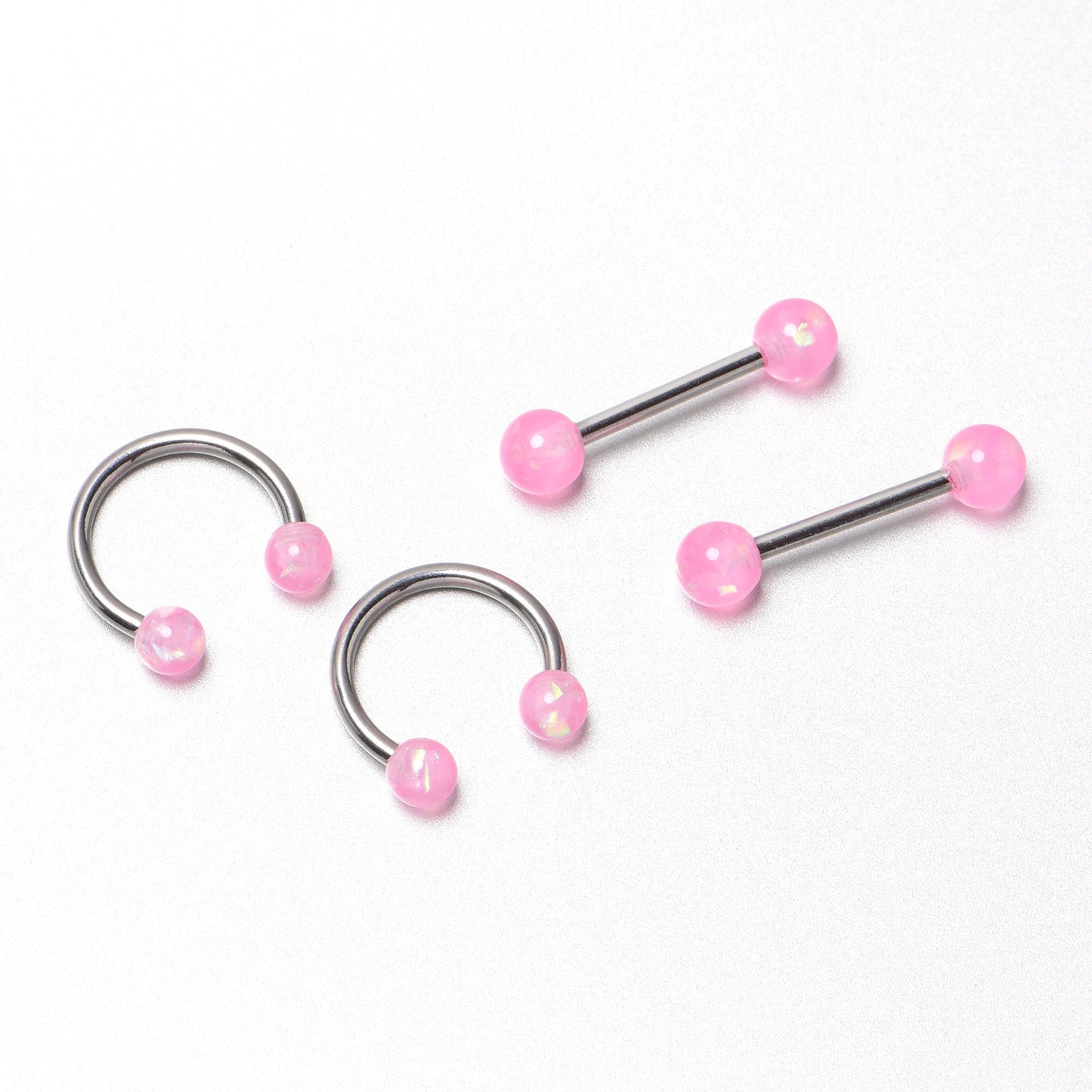 14G 3/8 9/16 Pink Faux Opal Horseshoe Barbell Nipple Ring Set of 4