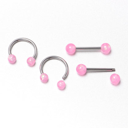 14G 3/8 9/16 Pink Faux Opal Horseshoe Barbell Nipple Ring Set of 4