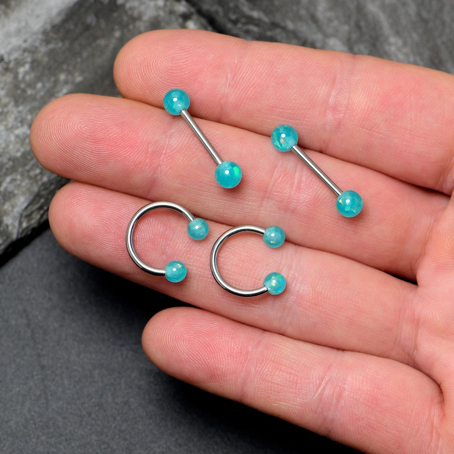 14G 9/16 Green Faux Opal Horseshoe Barbell Nipple Ring Set of 4