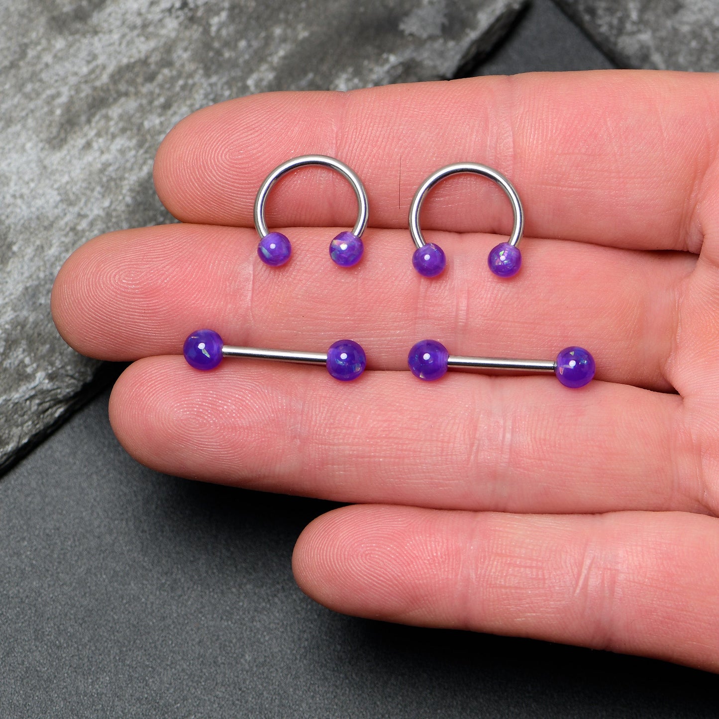 14G 9/16 Purple Faux Opal Horseshoe Barbell Nipple Ring Set of 4