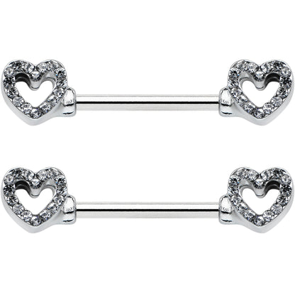 14G 9/16 Clear Gem Open Heart Valentine Barbell Nipple Ring Set
