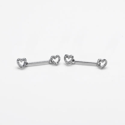 14G 9/16 Clear Gem Open Heart Valentine Barbell Nipple Ring Set