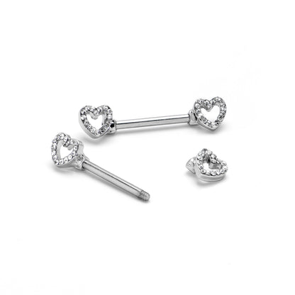 14G 9/16 Clear Gem Open Heart Valentine Barbell Nipple Ring Set