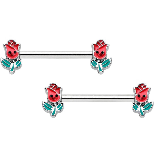 14G 9/16 Sweet Happy Rose Flower Barbell Nipple Ring Set