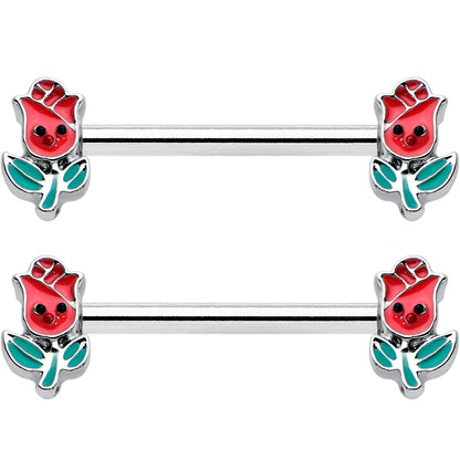 14G 9/16 Sweet Happy Rose Flower Barbell Nipple Ring Set