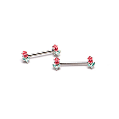 14G 9/16 Sweet Happy Rose Flower Barbell Nipple Ring Set