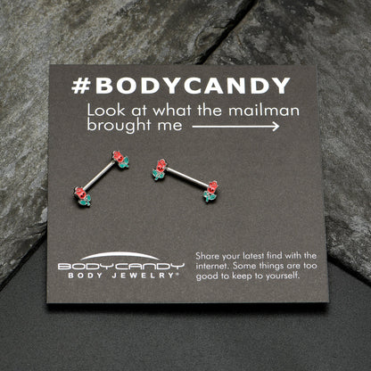 14G 9/16 Sweet Happy Rose Flower Barbell Nipple Ring Set