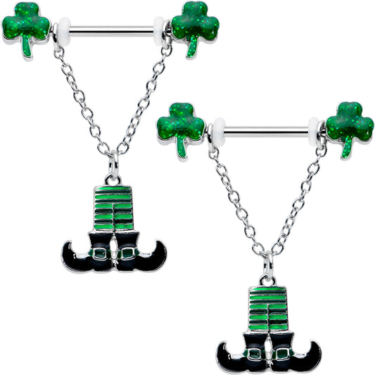 14G 11/16 Leprechaun Legs Shamrock Chain Dangle Nipple Ring Set