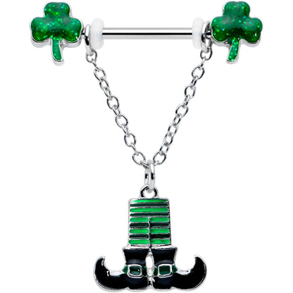 14G 11/16 Leprechaun Legs Shamrock Chain Dangle Nipple Ring Set