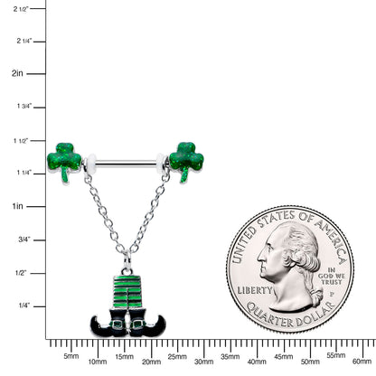 14G 11/16 Leprechaun Legs Shamrock Chain Dangle Nipple Ring Set