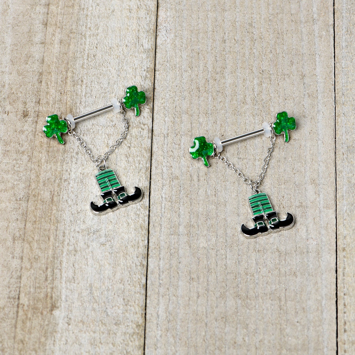 14G 11/16 Leprechaun Legs Shamrock Chain Dangle Nipple Ring Set