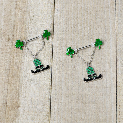 14G 11/16 Leprechaun Legs Shamrock Chain Dangle Nipple Ring Set