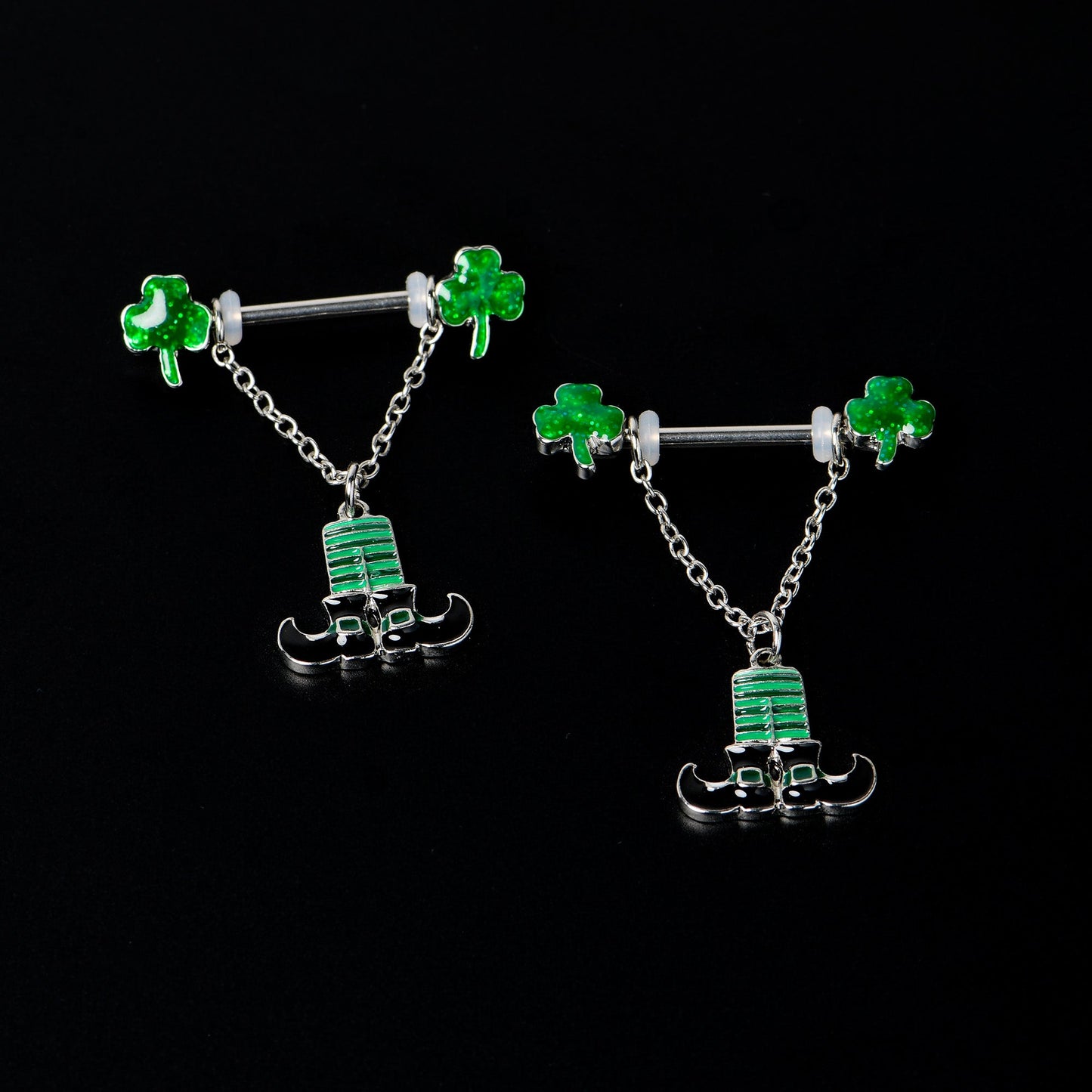 14G 11/16 Leprechaun Legs Shamrock Chain Dangle Nipple Ring Set