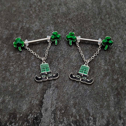 14G 11/16 Leprechaun Legs Shamrock Chain Dangle Nipple Ring Set