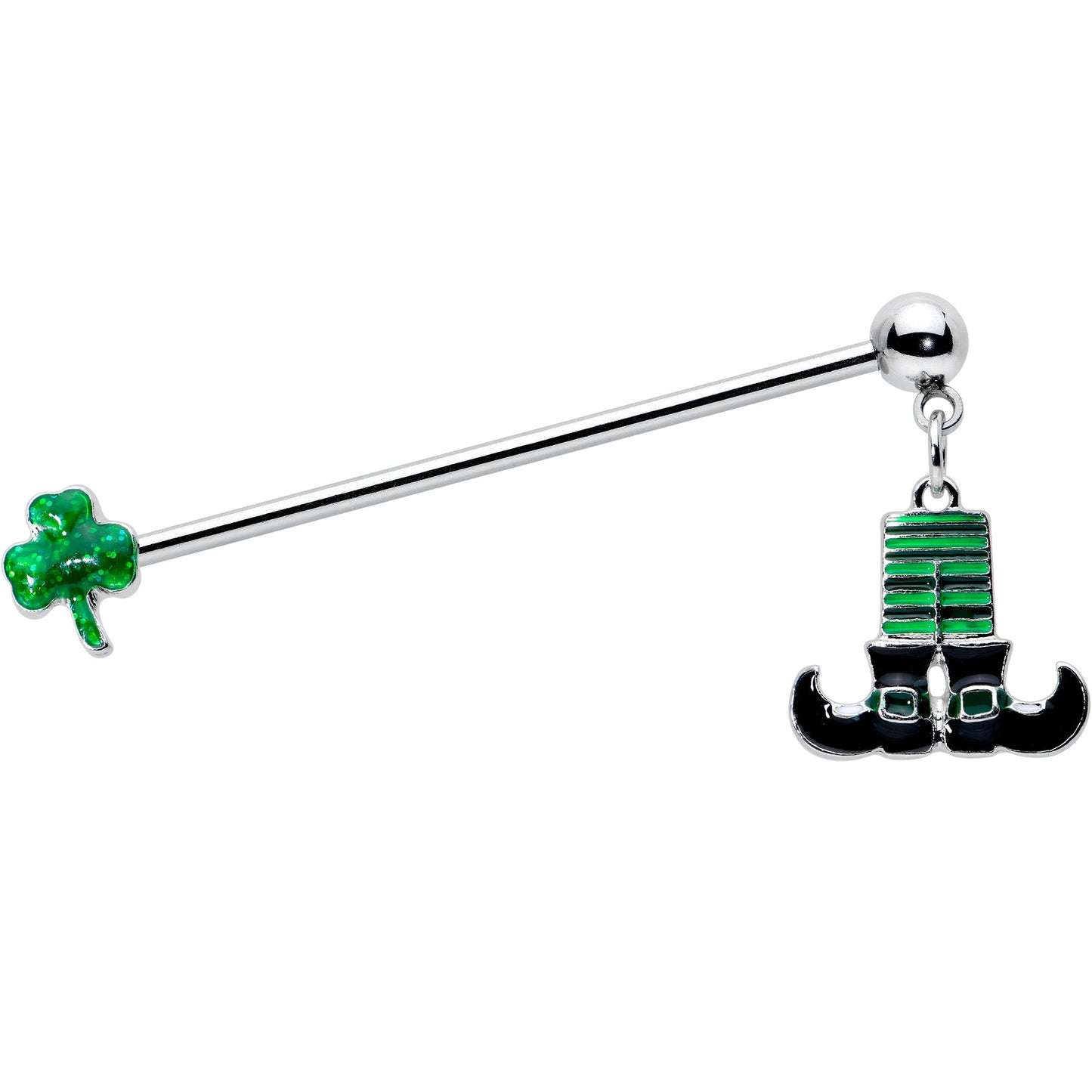 14G Leprechaun Legs Shamrock Dangle Industrial Barbell 38mm