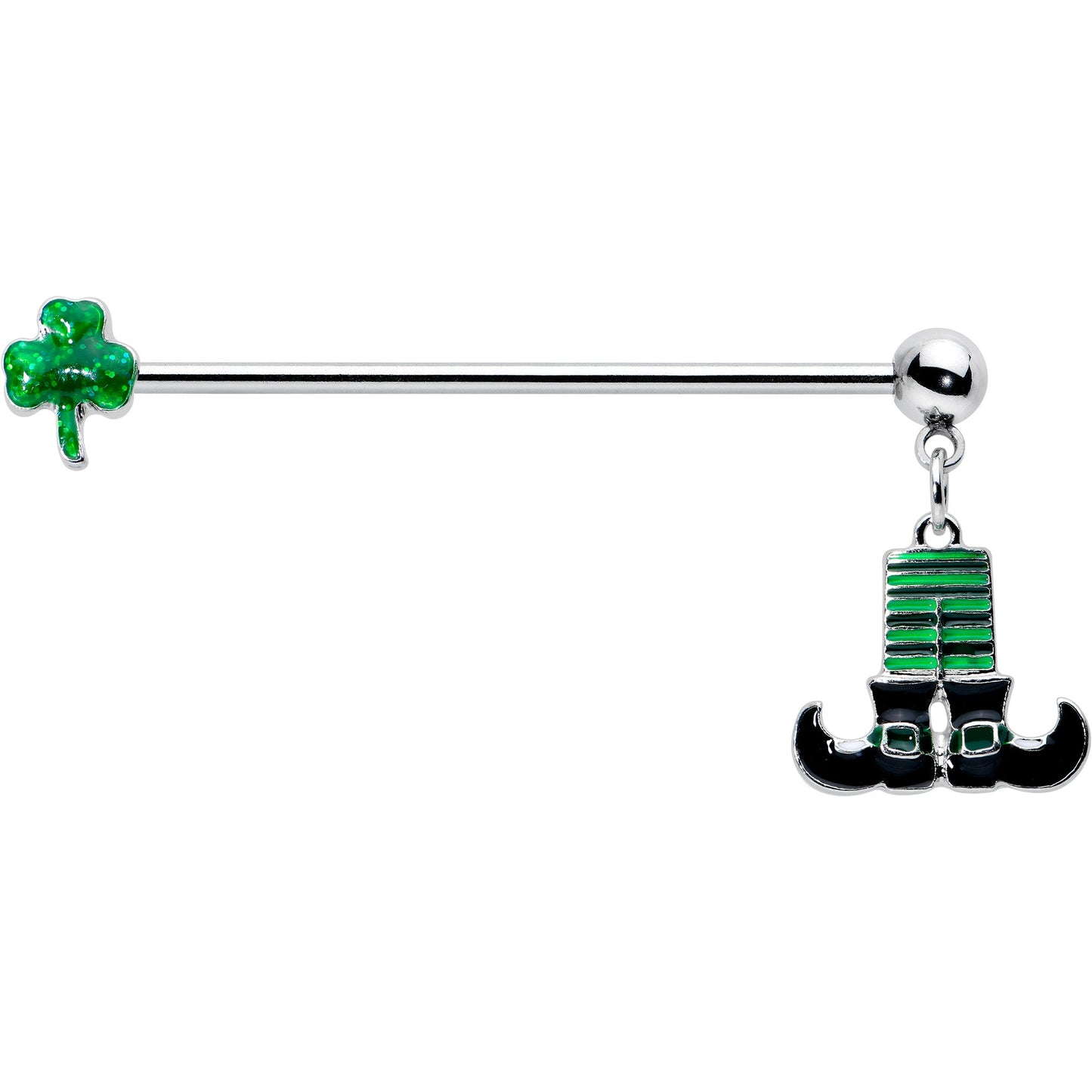 14G Leprechaun Legs Shamrock Dangle Industrial Barbell 38mm