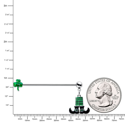 14G Leprechaun Legs Shamrock Dangle Industrial Barbell 38mm