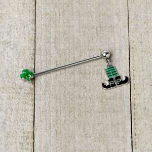14G Leprechaun Legs Shamrock Dangle Industrial Barbell 38mm