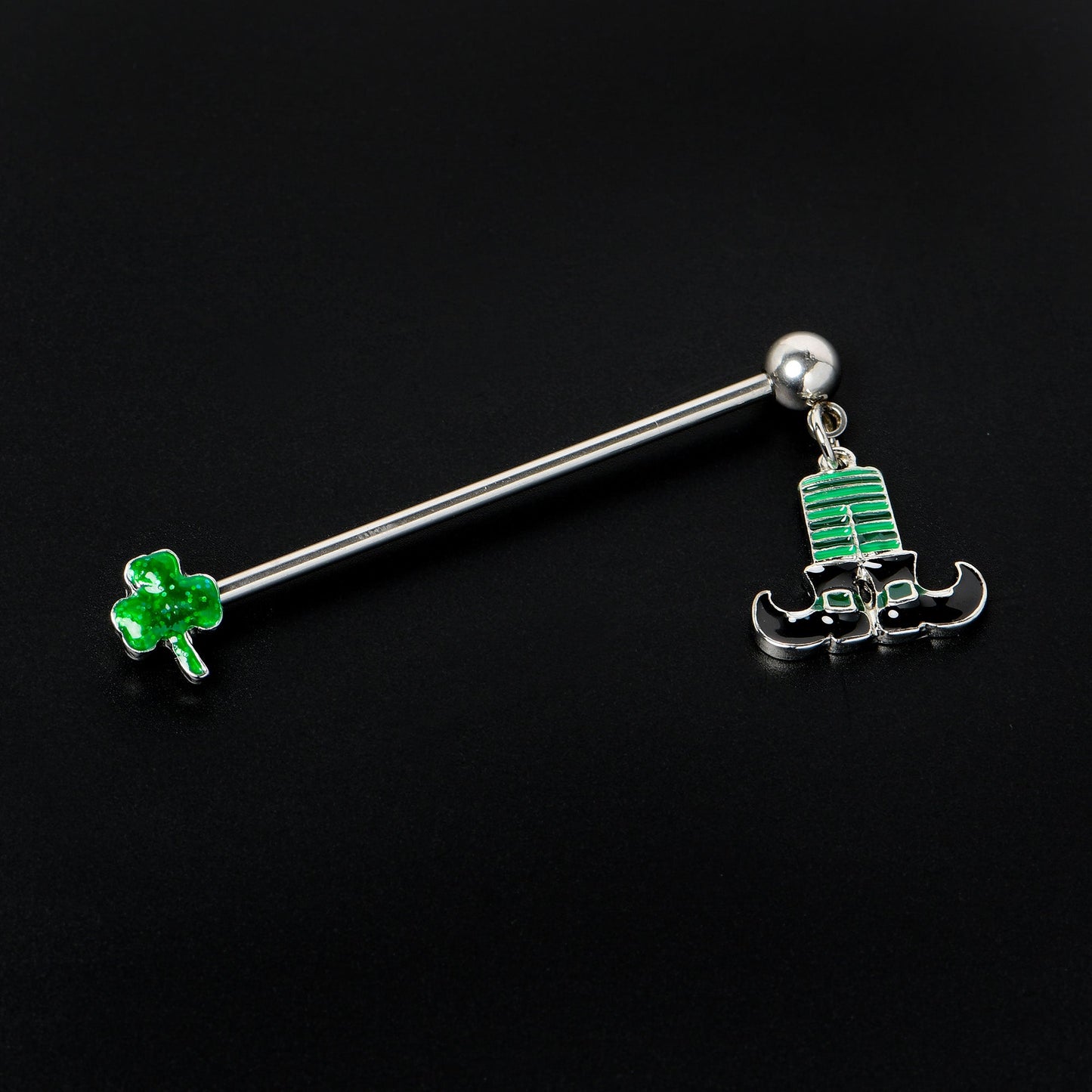 14G Leprechaun Legs Shamrock Dangle Industrial Barbell 38mm