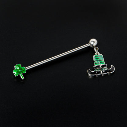 14G Leprechaun Legs Shamrock Dangle Industrial Barbell 38mm