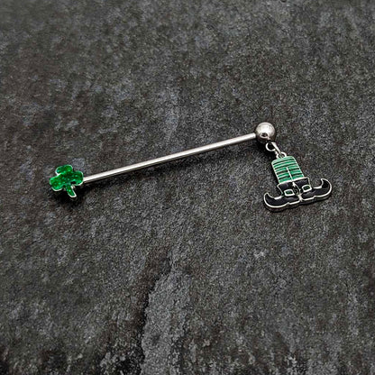 14G Leprechaun Legs Shamrock Dangle Industrial Barbell 38mm