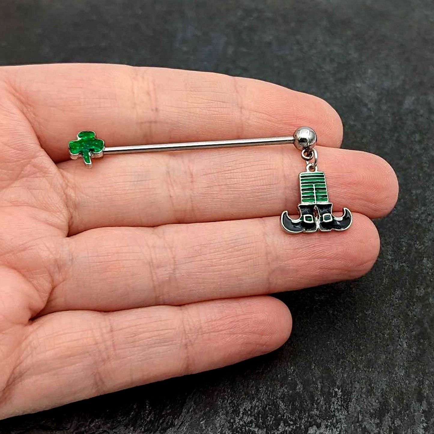 14G Leprechaun Legs Shamrock Dangle Industrial Barbell 38mm