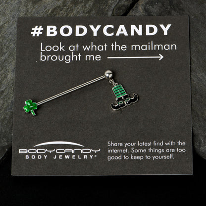 14G Leprechaun Legs Shamrock Dangle Industrial Barbell 38mm
