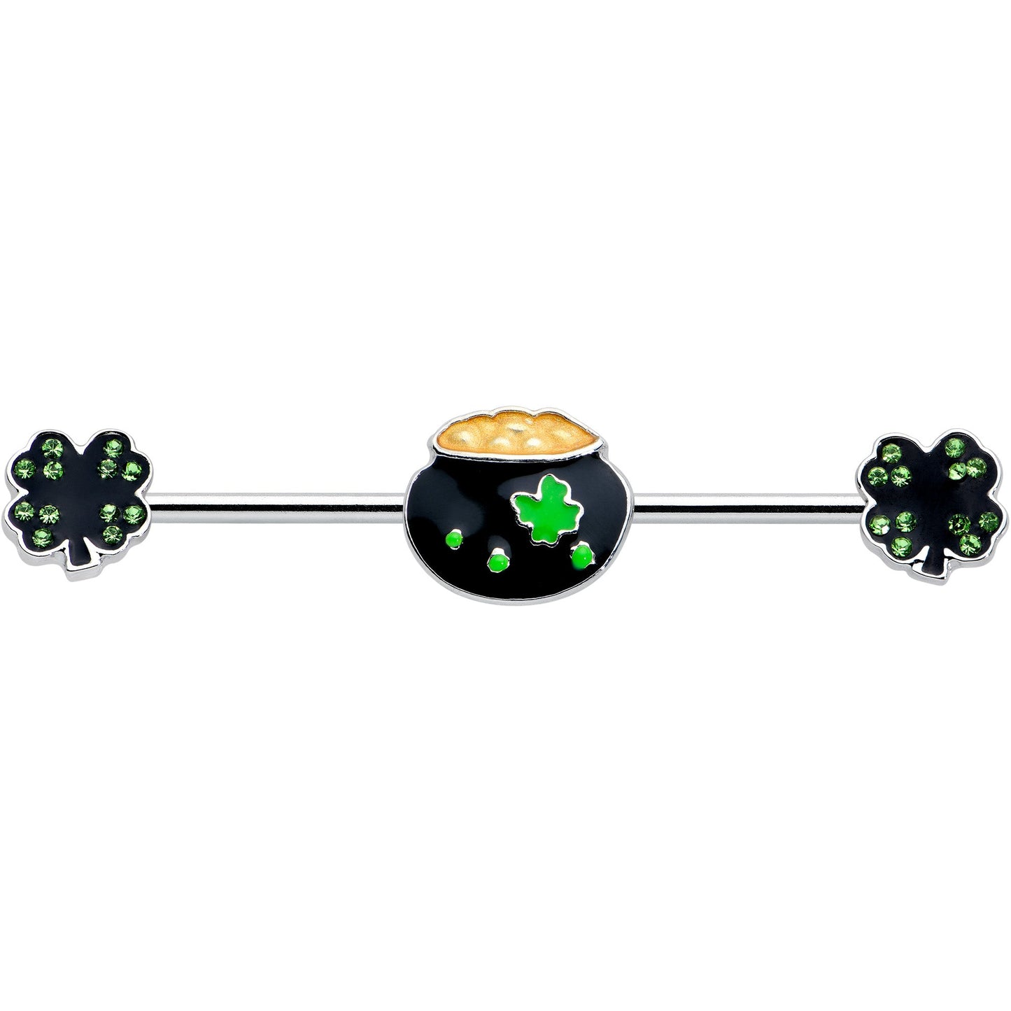 14G Green Gem Shamrock Pot of Gold Industrial Barbell 38mm