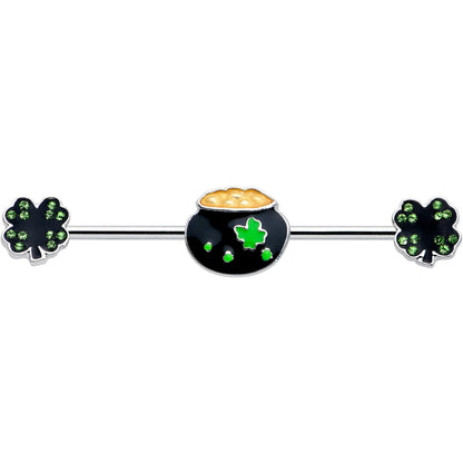 14G Green Gem Shamrock Pot of Gold Industrial Barbell 38mm