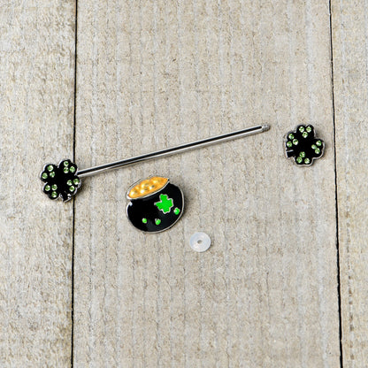 14G Green Gem Shamrock Pot of Gold Industrial Barbell 38mm