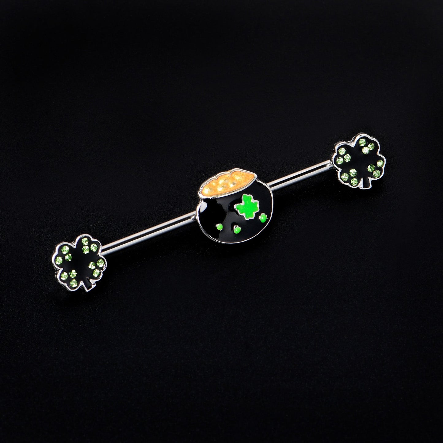 14G Green Gem Shamrock Pot of Gold Industrial Barbell 38mm