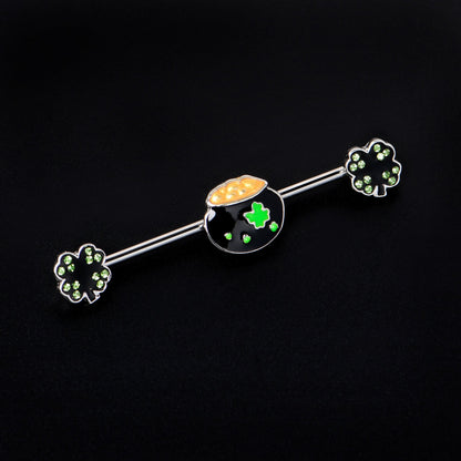 14G Green Gem Shamrock Pot of Gold Industrial Barbell 38mm