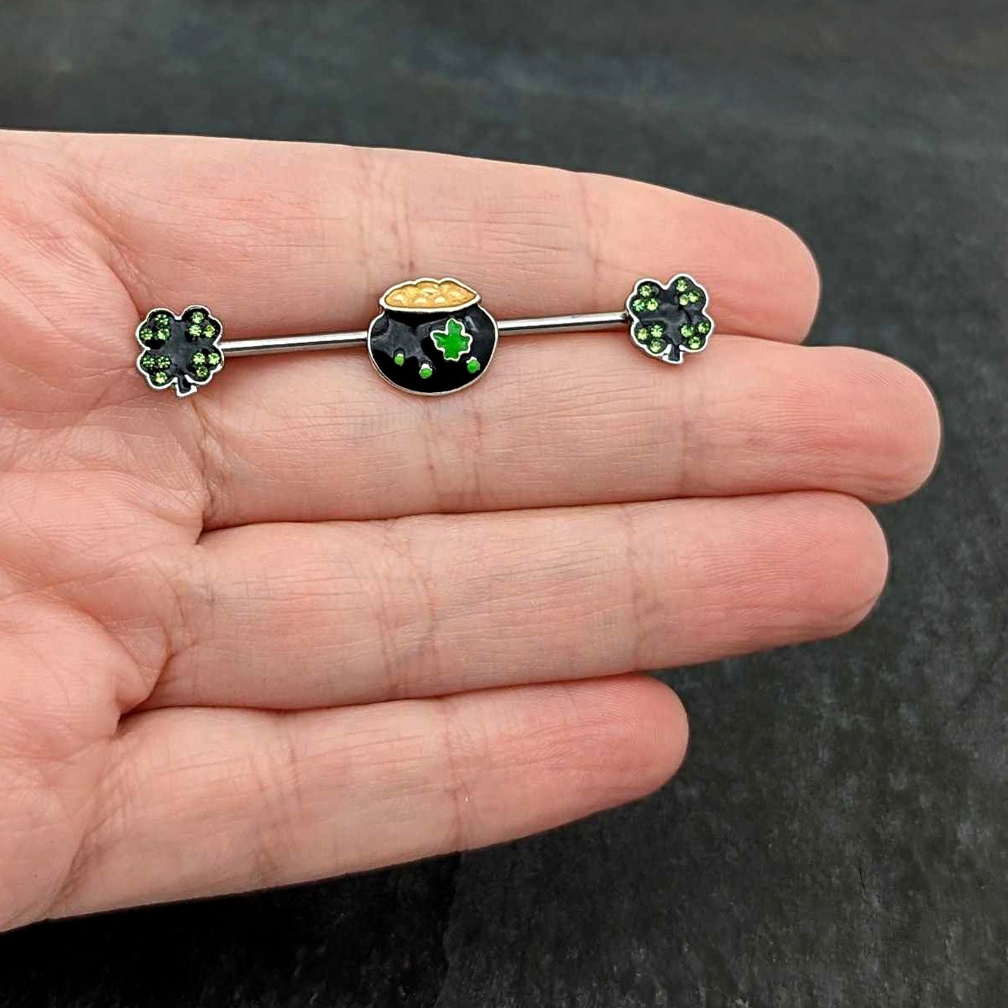 14G Green Gem Shamrock Pot of Gold Industrial Barbell 38mm
