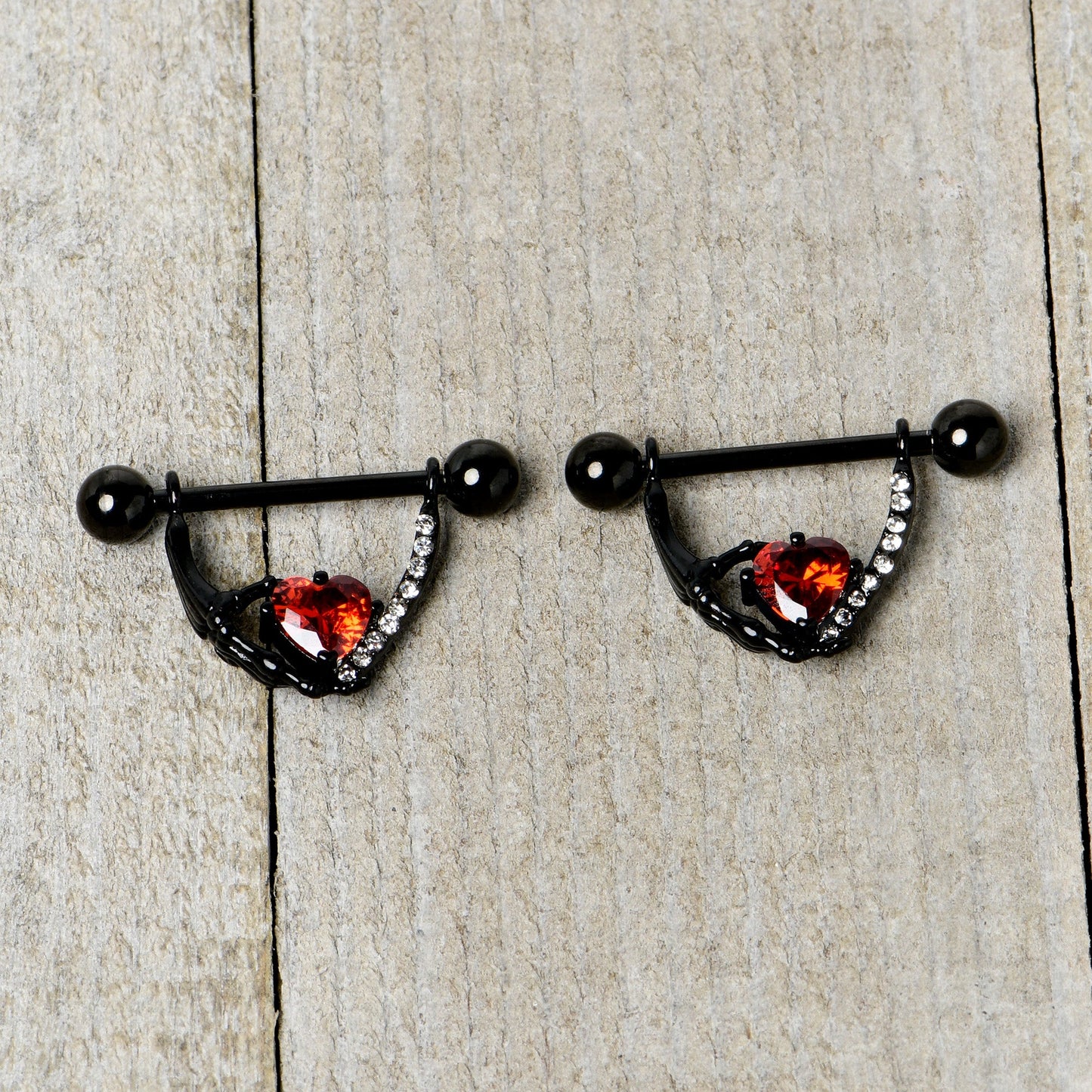 14G 11/16 Red Clear CZ Gem Heart Claw Hand Dangle Nipple Ring Set