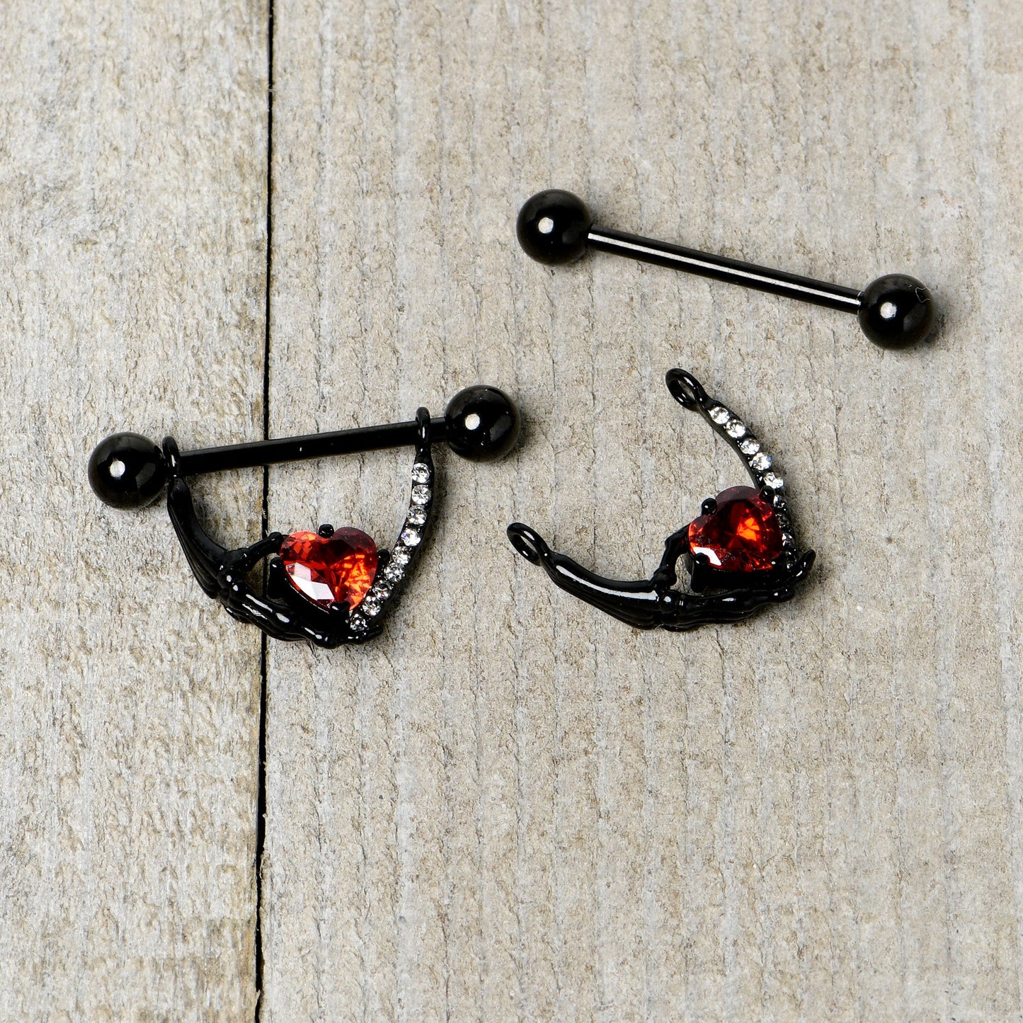14G 11/16 Red Clear CZ Gem Heart Claw Hand Dangle Nipple Ring Set