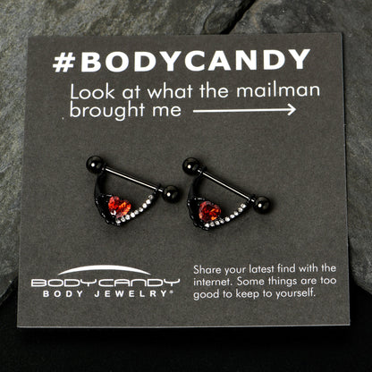 14G 11/16 Red Clear CZ Gem Heart Claw Hand Dangle Nipple Ring Set