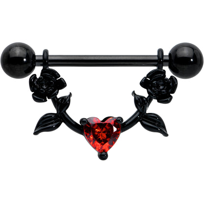 14G 11/16 Red CZ Gem Black Heart Flower Dangle Nipple Ring Set