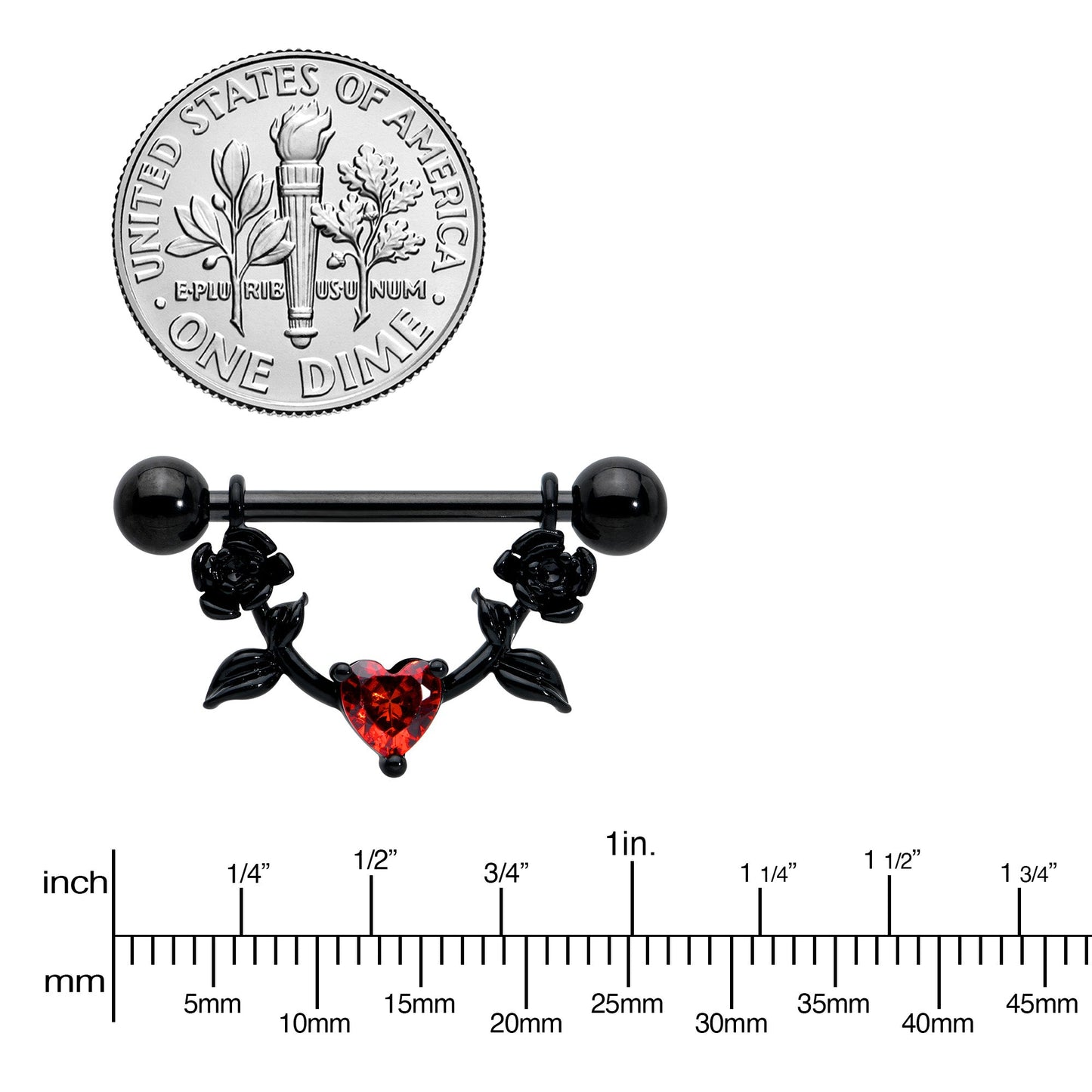14G 11/16 Red CZ Gem Black Heart Flower Dangle Nipple Ring Set