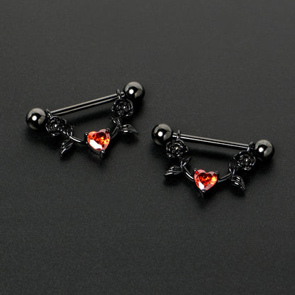 14G 11/16 Red CZ Gem Black Heart Flower Dangle Nipple Ring Set