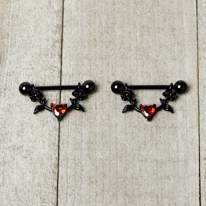 14G 11/16 Red CZ Gem Black Heart Flower Dangle Nipple Ring Set