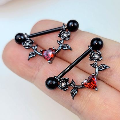14G 11/16 Red CZ Gem Black Heart Flower Dangle Nipple Ring Set